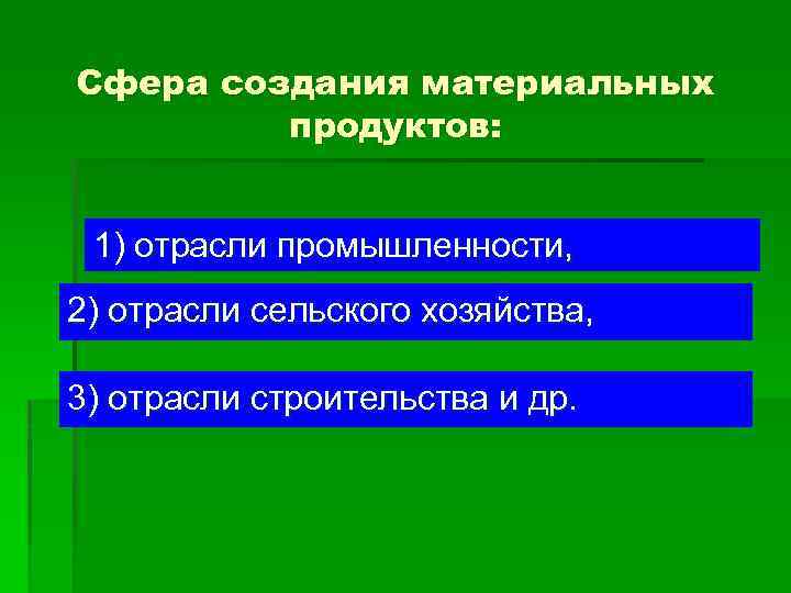 Сфера создания материальных продуктов: 1) отрасли промышленности, 2) отрасли сельского хозяйства, 3) отрасли строительства