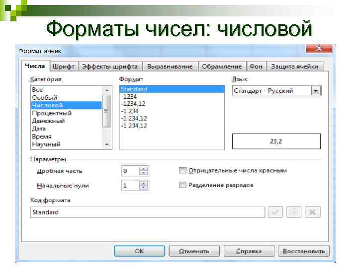 Форматы чисел: числовой 