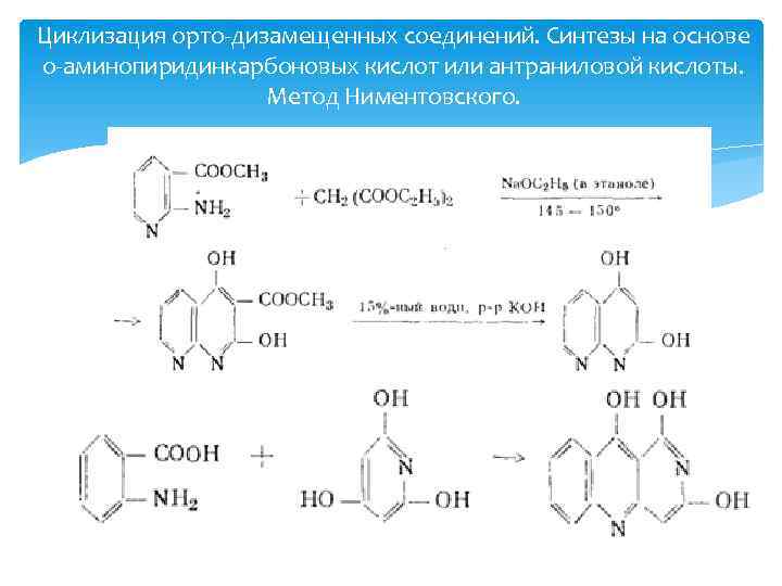 Циклизация орто-дизамещенных соединений. Синтезы на основе о-аминопиридинкарбоновых кислот или антраниловой кислоты. Метод Ниментовского. 
