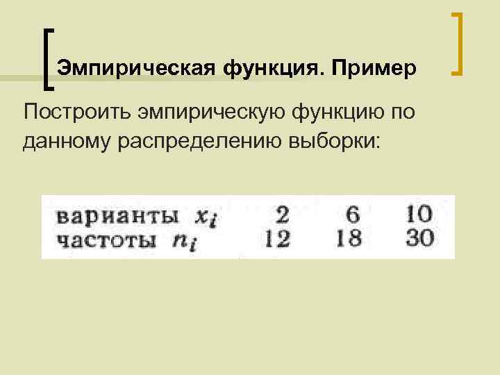 Эмпирическая функция. Пример Построить эмпирическую функцию по данному распределению выборки: 
