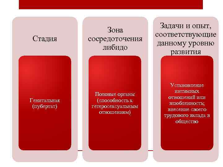 Стадия Генитальная (пубертат) Зона сосредоточения либидо Задачи и опыт, соответствующие данному уровню развития Половые