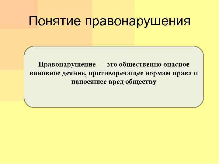 Понятие правонарушения Правонарушение — это общественно опасное виновное деяние, противоречащее нормам права и наносящее