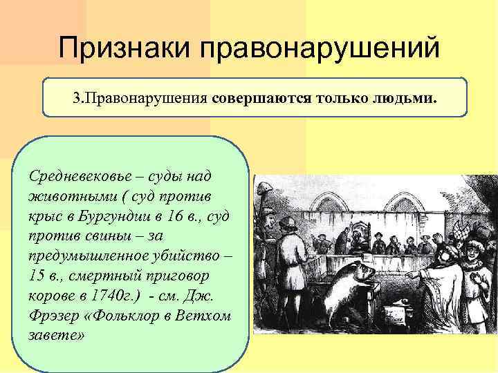 Признаки правонарушений 3. Правонарушения совершаются только людьми. Средневековье – суды над животными ( суд