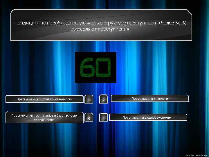 Традиционно преобладающую часть в структуре преступности (более 60%) составляют преступления: Преступления против собственности 1