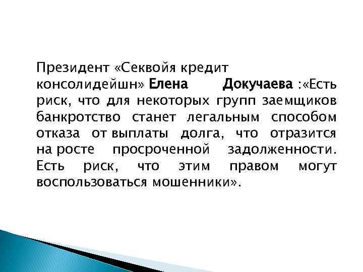 Президент «Секвойя кредит консолидейшн» Елена Докучаева : «Есть риск, что для некоторых групп заемщиков