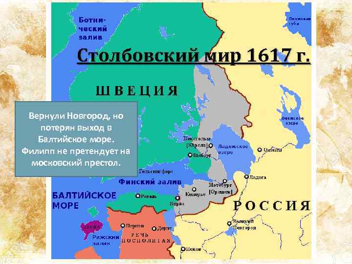 Столбовский мир 1617 г. Вернули Новгород, но потерян выход в Балтийское море. Филипп не