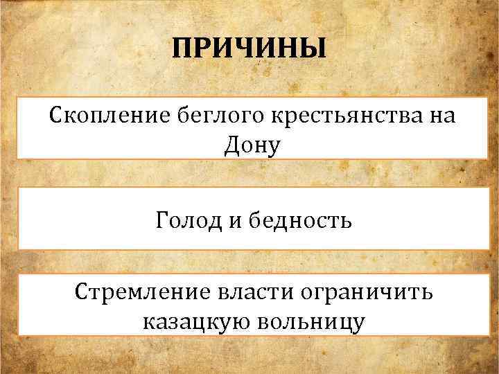 ПРИЧИНЫ Скопление беглого крестьянства на Дону Голод и бедность Стремление власти ограничить казацкую вольницу