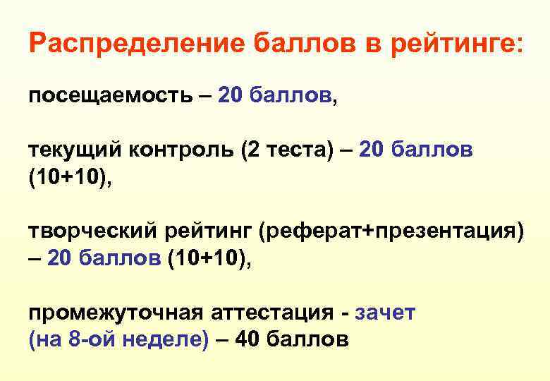 Распределение баллов в рейтинге: посещаемость – 20 баллов, текущий контроль (2 теста) – 20