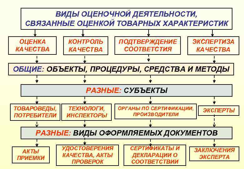 ВИДЫ ОЦЕНОЧНОЙ ДЕЯТЕЛЬНОСТИ, СВЯЗАННЫЕ ОЦЕНКОЙ ТОВАРНЫХ ХАРАКТЕРИСТИК ОЦЕНКА КАЧЕСТВА КОНТРОЛЬ КАЧЕСТВА ПОДТВЕРЖДЕНИЕ СООТВЕТСТИЯ ЭКСПЕРТИЗА