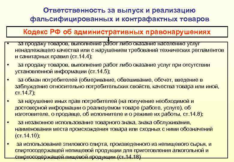 Ответственность за выпуск и реализацию фальсифицированных и контрафактных товаров Кодекс РФ об административных правонарушениях