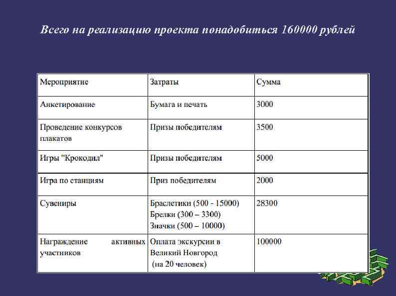 Всего на реализацию проекта понадобиться 160000 рублей 
