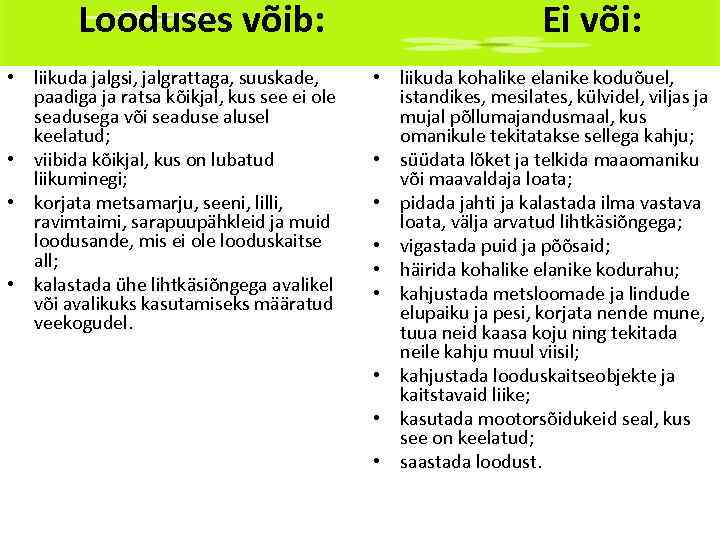 Looduses võib: • liikuda jalgsi, jalgrattaga, suuskade, paadiga ja ratsa kõikjal, kus see ei