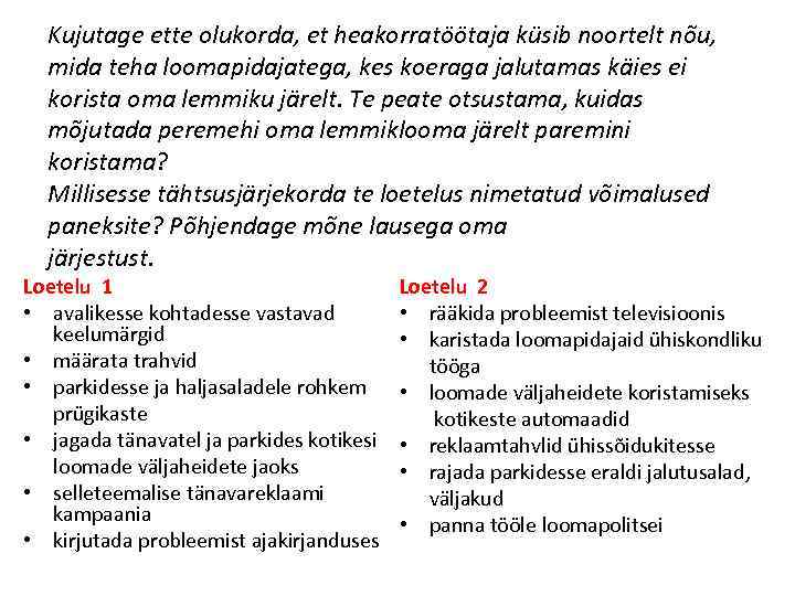 Kujutage ette olukorda, et heakorratöötaja küsib noortelt nõu, mida teha loomapidajatega, kes koeraga jalutamas