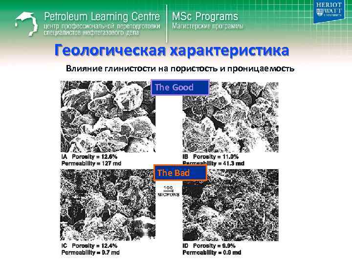 Геологическая характеристика Влияние глинистости на пористость и проницаемость The Good The Bad 