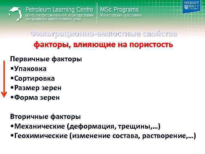 Фильтрационно-емкостные свойства факторы, влияющие на пористость Первичные факторы • Упаковка • Сортировка • Размер