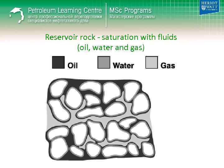 Reservoir rock - saturation with fluids (oil, water and gas) 