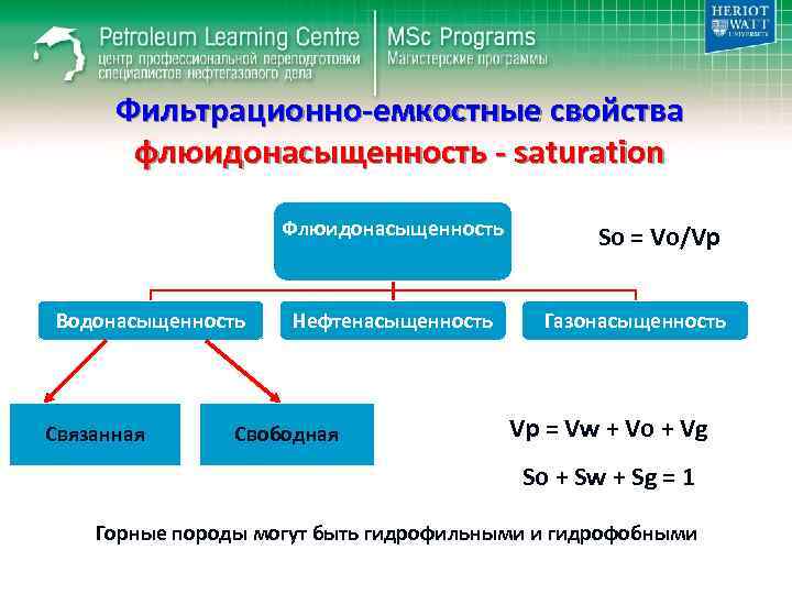 Фильтрационно-емкостные свойства флюидонасыщенность - saturation Флюидонасыщенность Водонасыщенность Связанная Нефтенасыщенность Свободная So = Vo/Vp Газонасыщенность