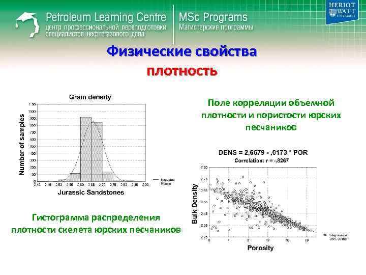 Физические свойства плотность Поле корреляции объемной плотности и пористости юрских песчаников Гистограмма распределения плотности