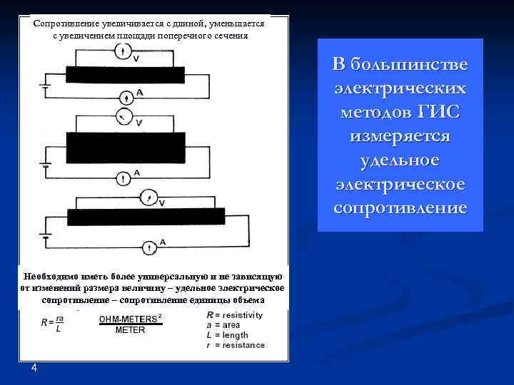 Сопротивление увеличивается с длиной, уменьшается с увеличением площади поперечного сечения В большинстве электрических методов