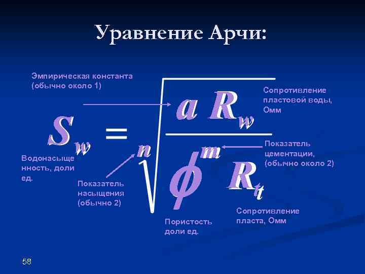 Уравнение Арчи: Эмпирическая константа (обычно около 1) Sw Водонасыще нность, доли ед. Показатель насыщения
