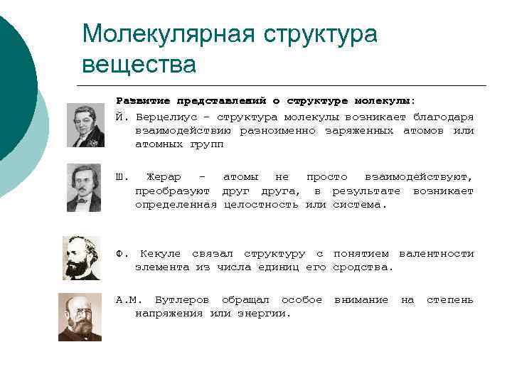 Молекулярная структура вещества Развитие представлений о структуре молекулы: Й. Берцелиус - структура молекулы возникает