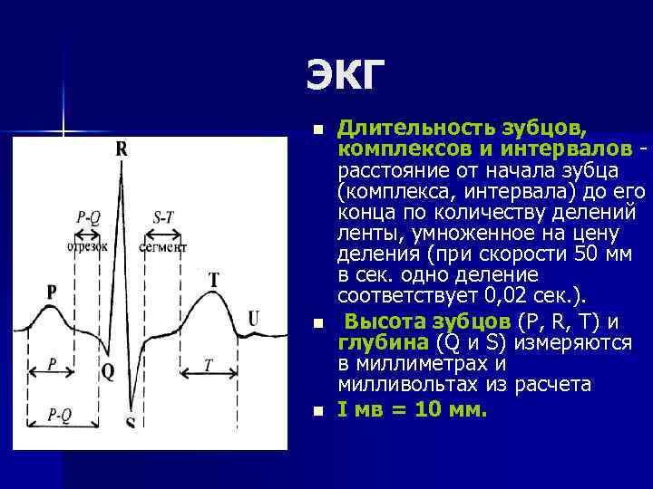 ЭКГ n n n Длительность зубцов, комплексов и интервалов расстояние от начала зубца (комплекса,