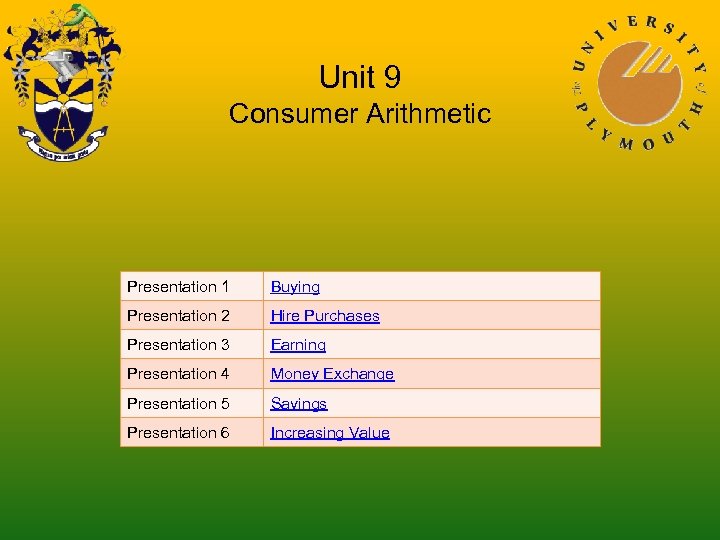 Unit 9 Consumer Arithmetic Presentation 1 Buying Presentation 2 Hire Purchases Presentation 3 Earning