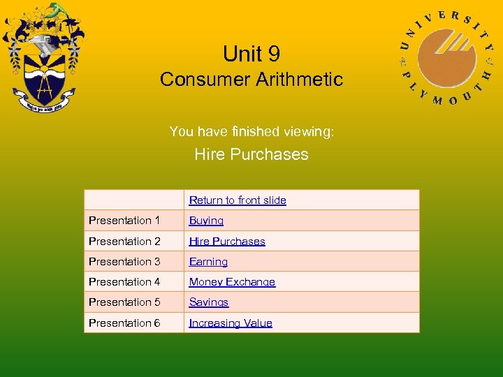 Unit 9 Consumer Arithmetic You have finished viewing: Hire Purchases Return to front slide