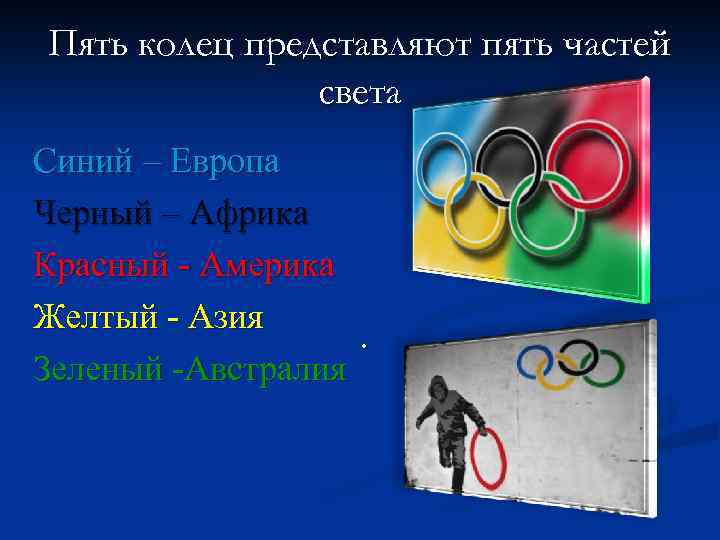 Пять колец представляют пять частей света Синий – Европа Черный – Африка Красный -