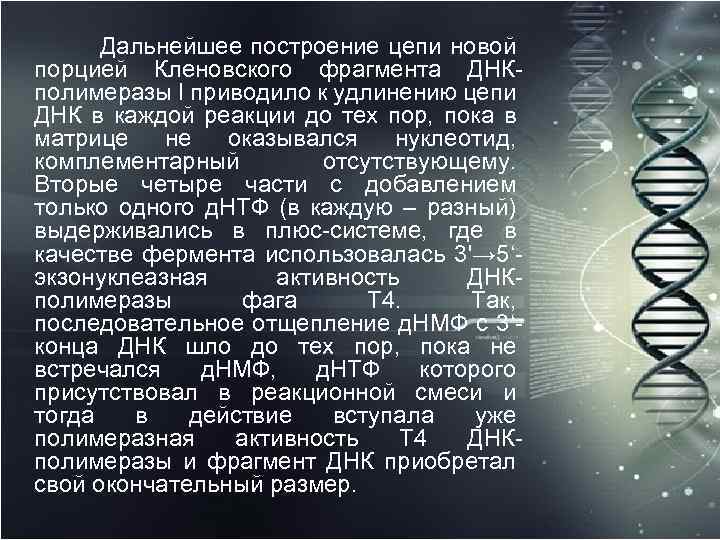  Дальнейшее построение цепи новой порцией Кленовского фрагмента ДНК полимеразы I приводило к удлинению