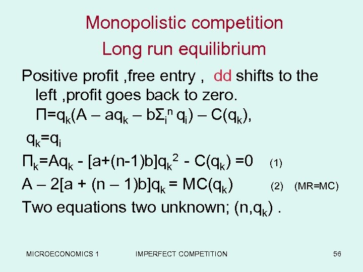  Monopolistic competition Long run equilibrium Positive profit , free entry , dd shifts