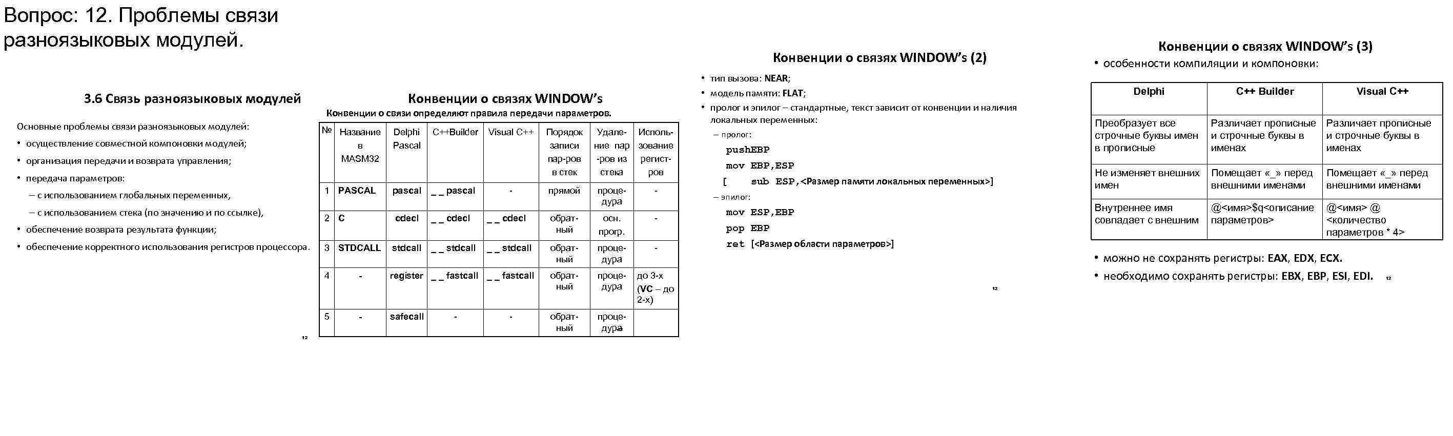 Вопрос: 12. Проблемы связи разноязыковых модулей. Конвенции о связях WINDOW’s (3) Конвенции о связях