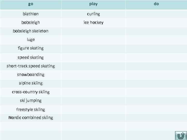 go play biathlon curling bobsleigh ice hockey bobsleigh skeleton luge figure skating speed skating