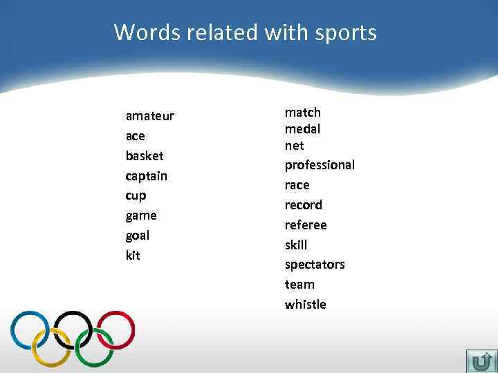 Words related with sports amateur ace basket captain cup game goal kit match medal