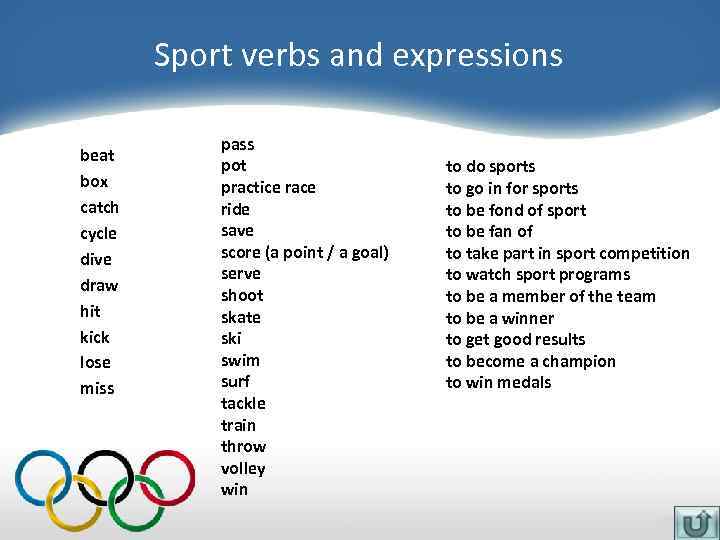 Sport verbs and expressions beat box catch cycle dive draw hit kick lose miss