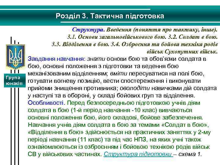 Розділ 3. Тактична підготовка Група юнаків Структура. Введення (поняття про тактику, інше). 3. 1.