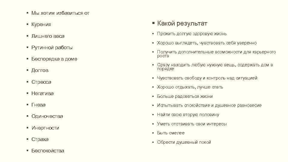  Мы хотим избавиться от Курения Какой результат Лишнего веса Прожить долгую здоровую жизнь