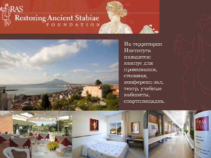 На территории Института находятся: кампус для проживания, столовая, конференц-зал, театр, учебные кабинеты, спортплощадка. 