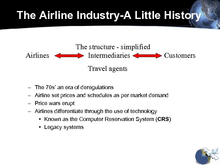 The Airline Industry-A Little History Airlines The structure - simplified Intermediaries Customers Travel agents