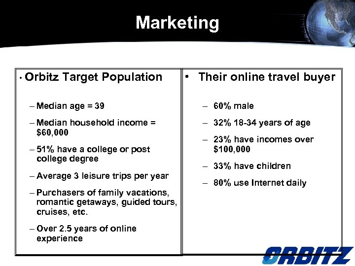 Marketing • Orbitz Target Population • Their online travel buyer – Median age =