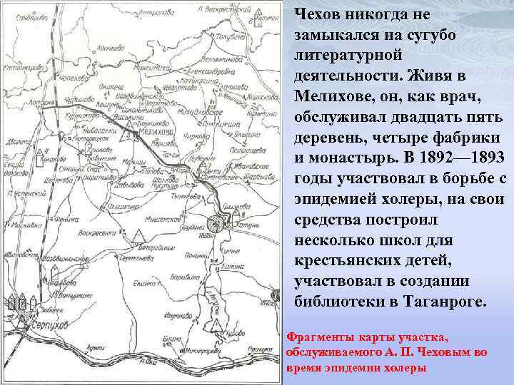 Чехов никогда не замыкался на сугубо литературной деятельности. Живя в Мелихове, он, как врач,