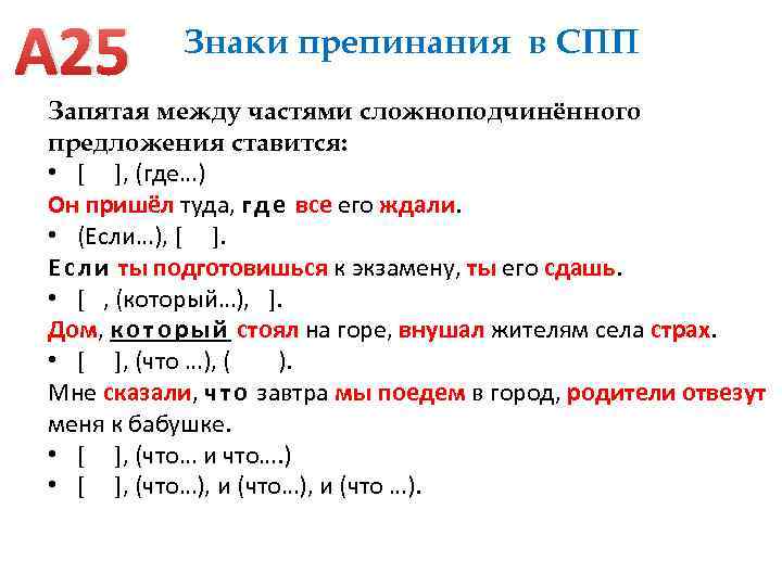 А 25 Знаки препинания в СПП Запятая между частями сложноподчинённого предложения ставится: • [