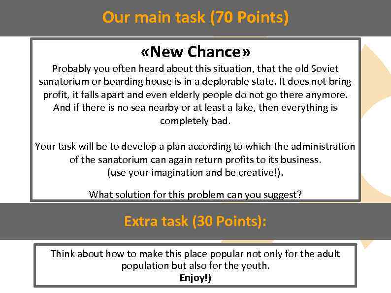 Our main task (70 Points) «New Chance» Probably you often heard about this situation,