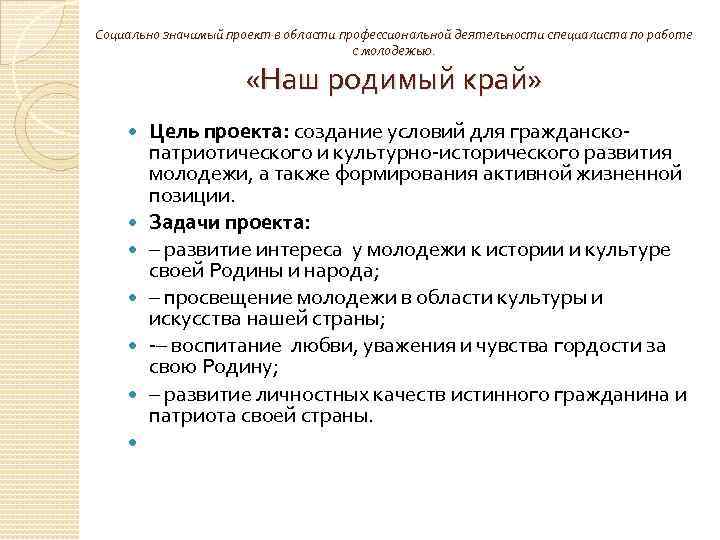 Социально значимый проект в области профессиональной деятельности специалиста по работе с молодежью. «Наш родимый