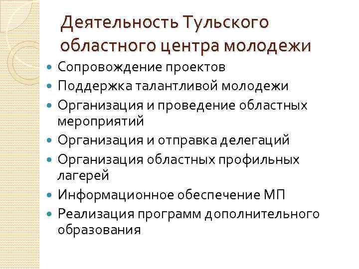 Деятельность Тульского областного центра молодежи Сопровождение проектов Поддержка талантливой молодежи Организация и проведение областных