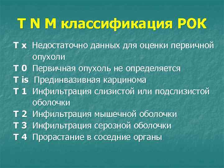 T N M классификация РОК Т х Недостаточно данных для оценки первичной опухоли Т