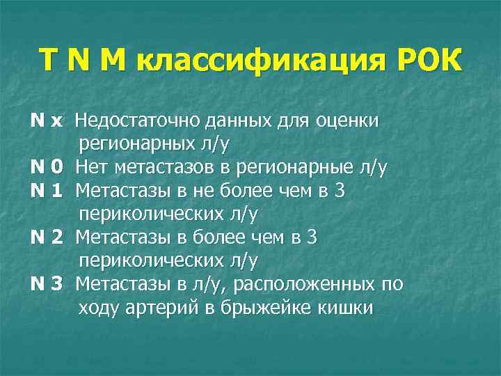 T N M классификация РОК N x Недостаточно данных для оценки регионарных л/у N