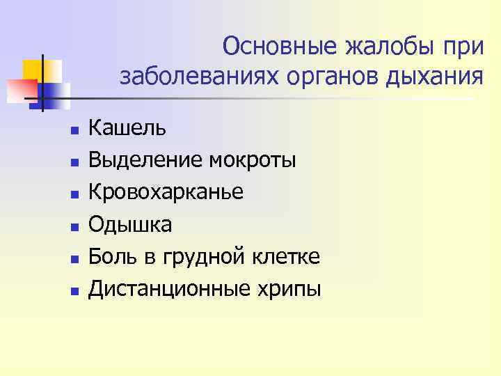 Основные жалобы при заболеваниях органов дыхания n n n Кашель Выделение мокроты Кровохарканье Одышка