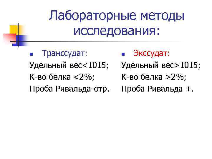 Лабораторные методы исследования: Транссудат: Удельный вес<1015; К-во белка <2%; Проба Ривальда-отр. n Экссудат: Удельный