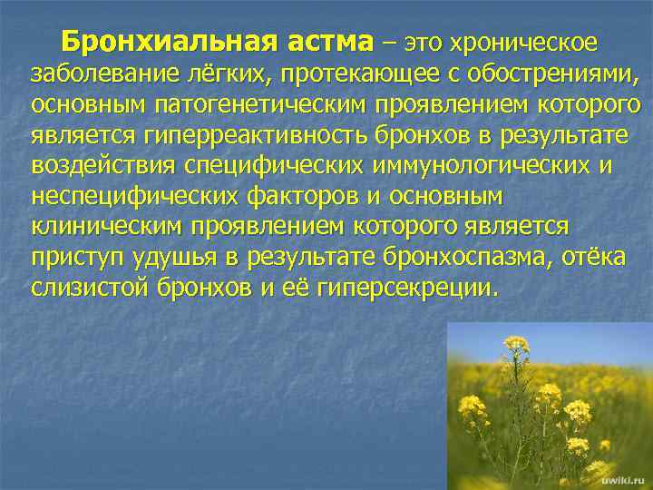 Бронхиальная астма – это хроническое заболевание лёгких, протекающее с обострениями, основным патогенетическим проявлением которого